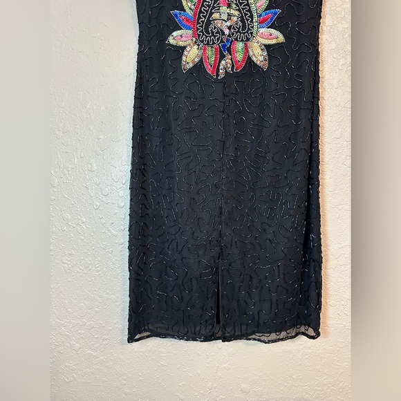 Vintage Black Beaded Sequin Cocktail Dress | Floral Art Deco Embellished Sheath - Picture 13 of 16